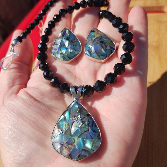 Jay King Midnight Chalcedony necklace Abalone pendant and earrings set 925 Sterl - Picture 1 of 8